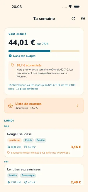 Écran Menus de Dodo Kal avec le budget de la semaine, les économies et des repas réunionnais chiffrés à la portion
