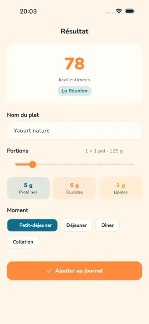 Écran Résultat de Dodo Kal affichant les informations nutritionnelles d’un produit fictif après scan